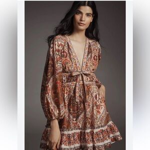 New Farm Rio Boho Floral Print Deep V-Neck Dress in Brown Multi